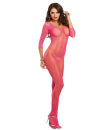 Bodystocking rose fluo résille ouvert à l'entre-jambes - DG0015HPK
